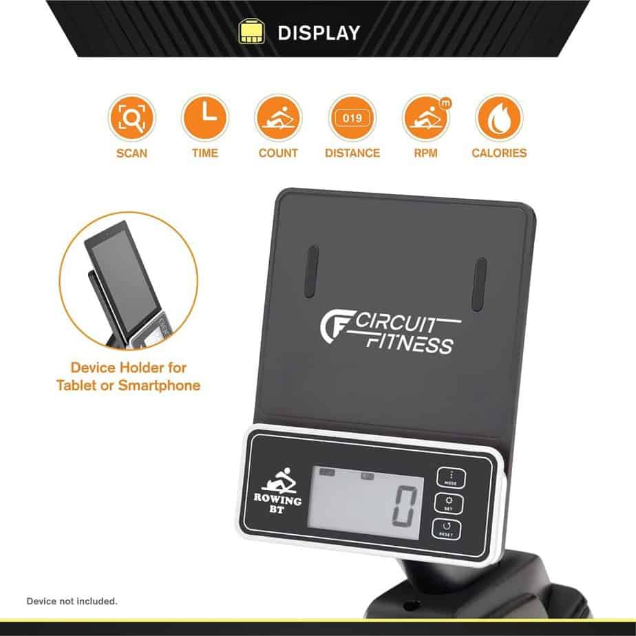 The console and the tablet holder of the Circuit Fitness AMZ-986RW-BT Magnetic Rowing Machine
