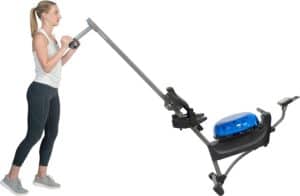 A lady moves the Sunny Health & Fitness SF-RW5809 Hydro-Plus Resistance Rower to a storage area