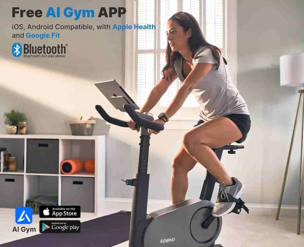 A lady rides the RENPHO AI-Powered Upright Bike