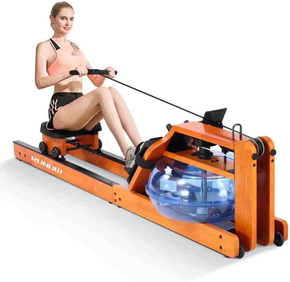 A lady works out with the RUNOW Oak Wood Water Rowing Machine 