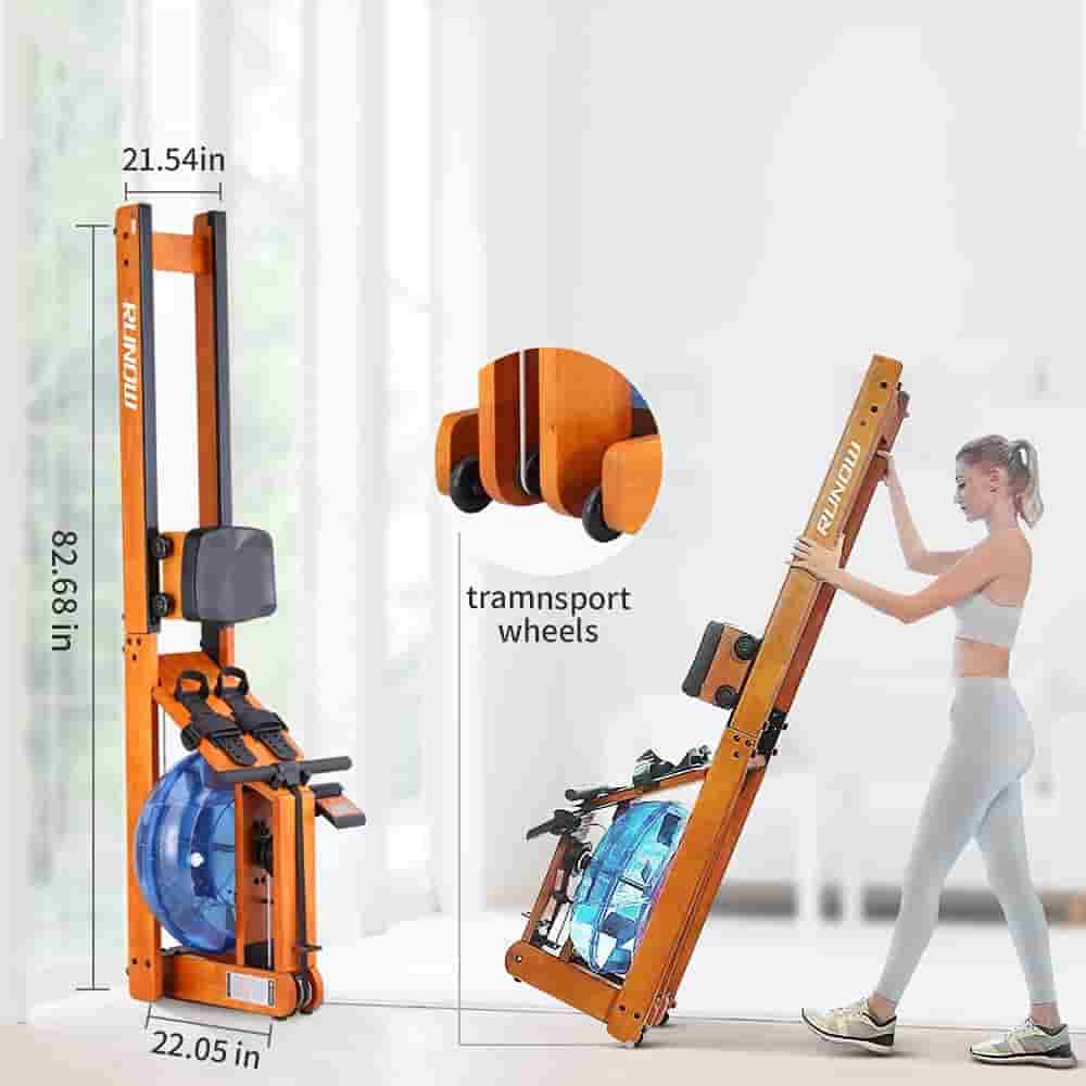 A user moves the RUNOW Oak Wood Water Rowing Machine  and stores it vertically