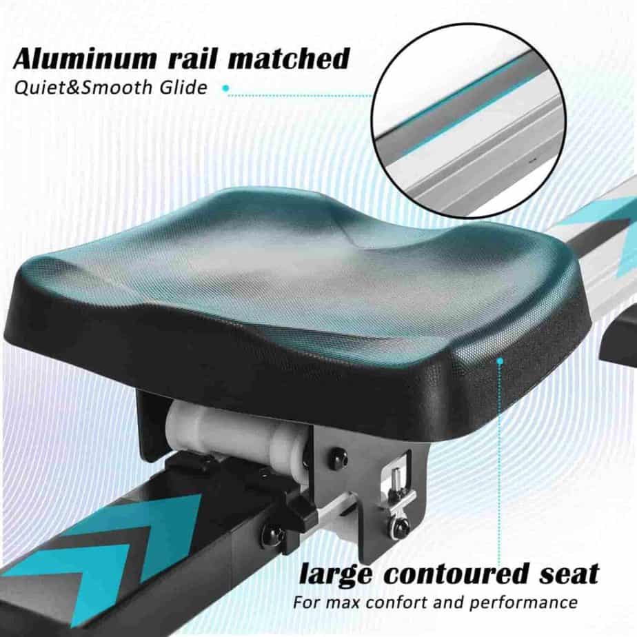 The padded and contoured seat of the Merax Silver Magnetic Rowing Machine 