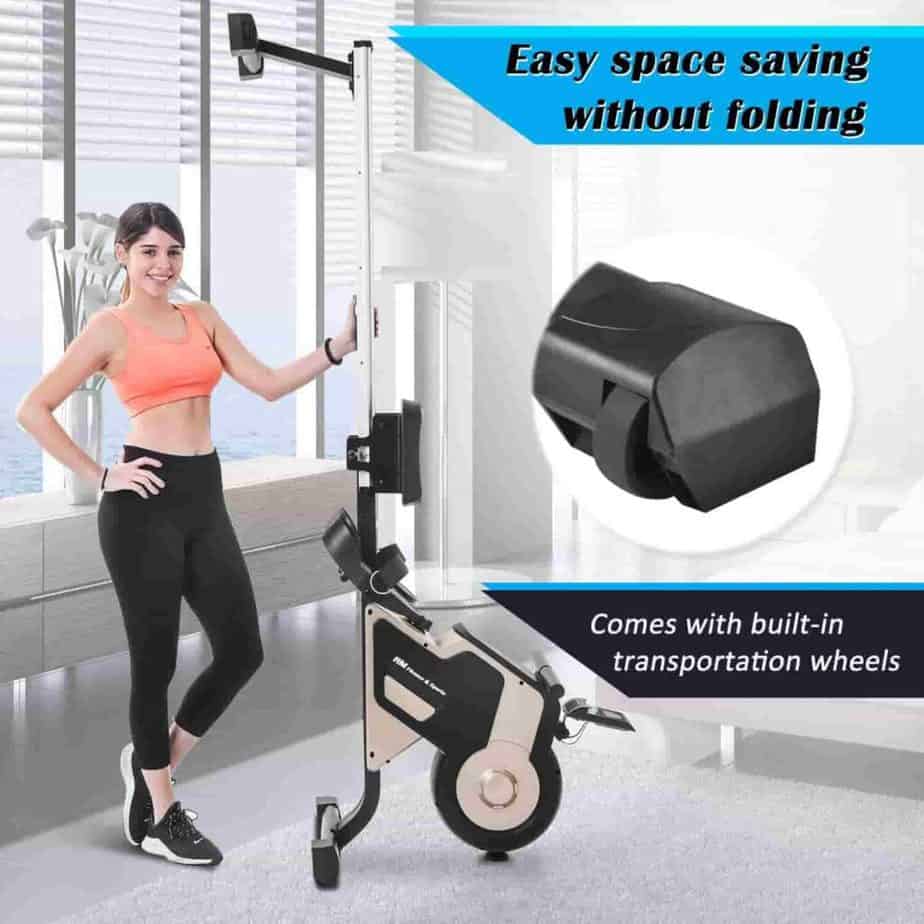 A lady poses beside the uprightly positioned Merax Silver Magnetic Rowing Machine 