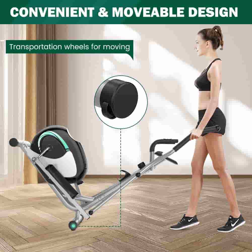 A lady moves the THERUN Elliptical Cross Trainer to a storage area