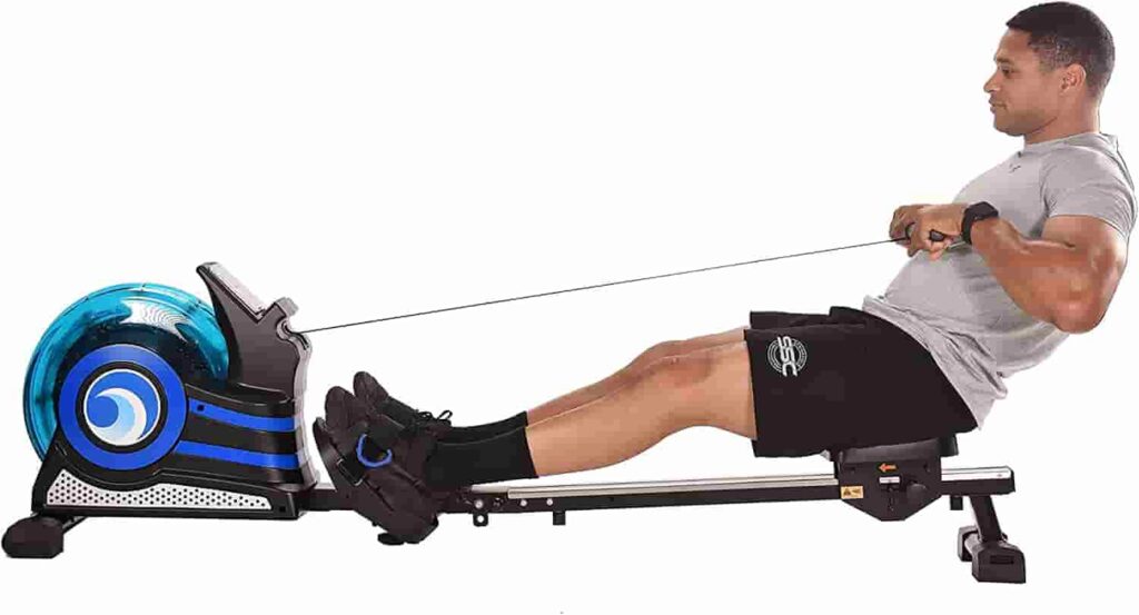 A man rows on the Stamina Wave 35-1435 Water Rower