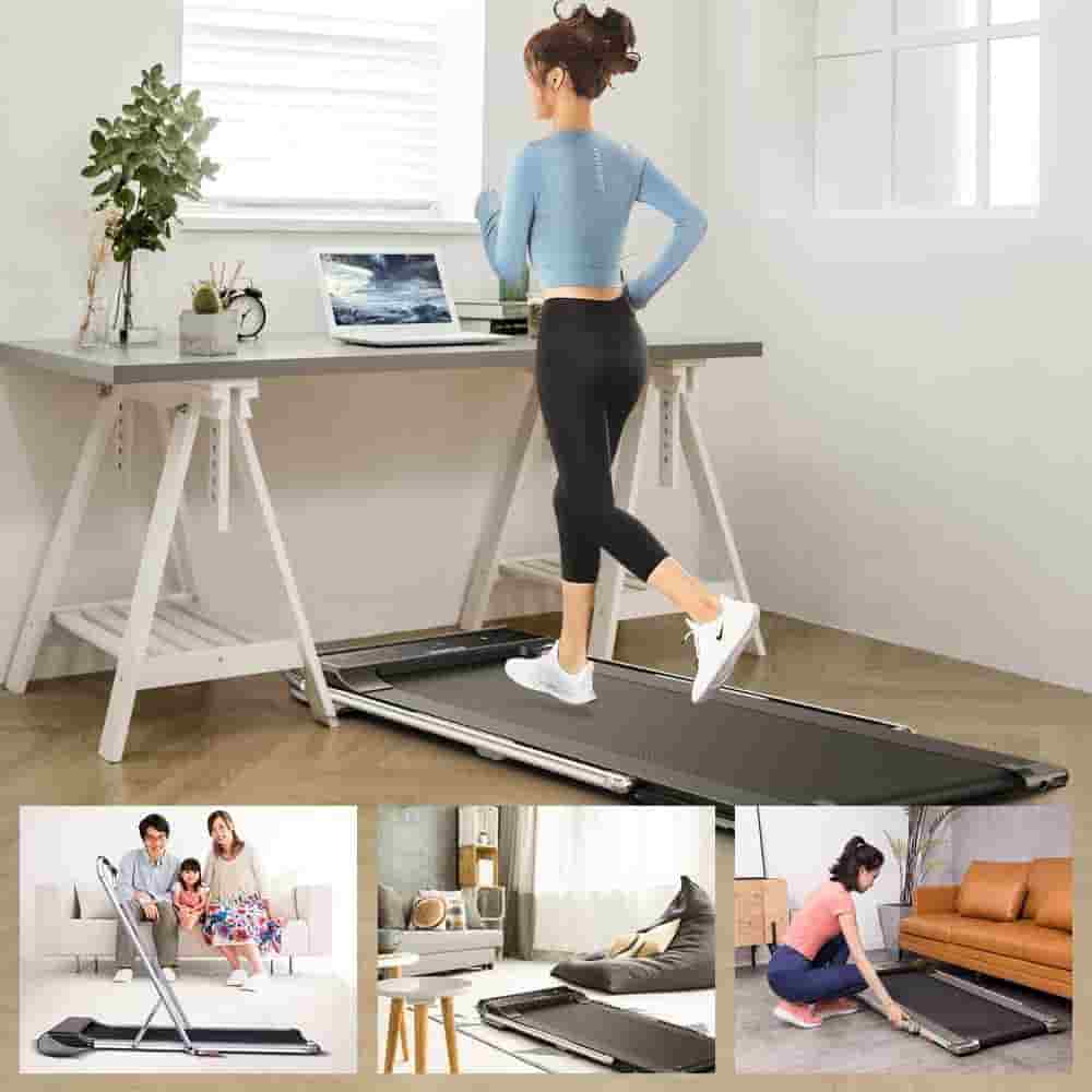 The RHYTHM FUN Super Thin Air01 Folding Treadmill is used under the desk