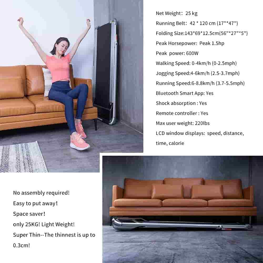 The RHYTHM FUN Super Thin Air01 Folding Treadmill store under the couch and leaned agaisnt the wall