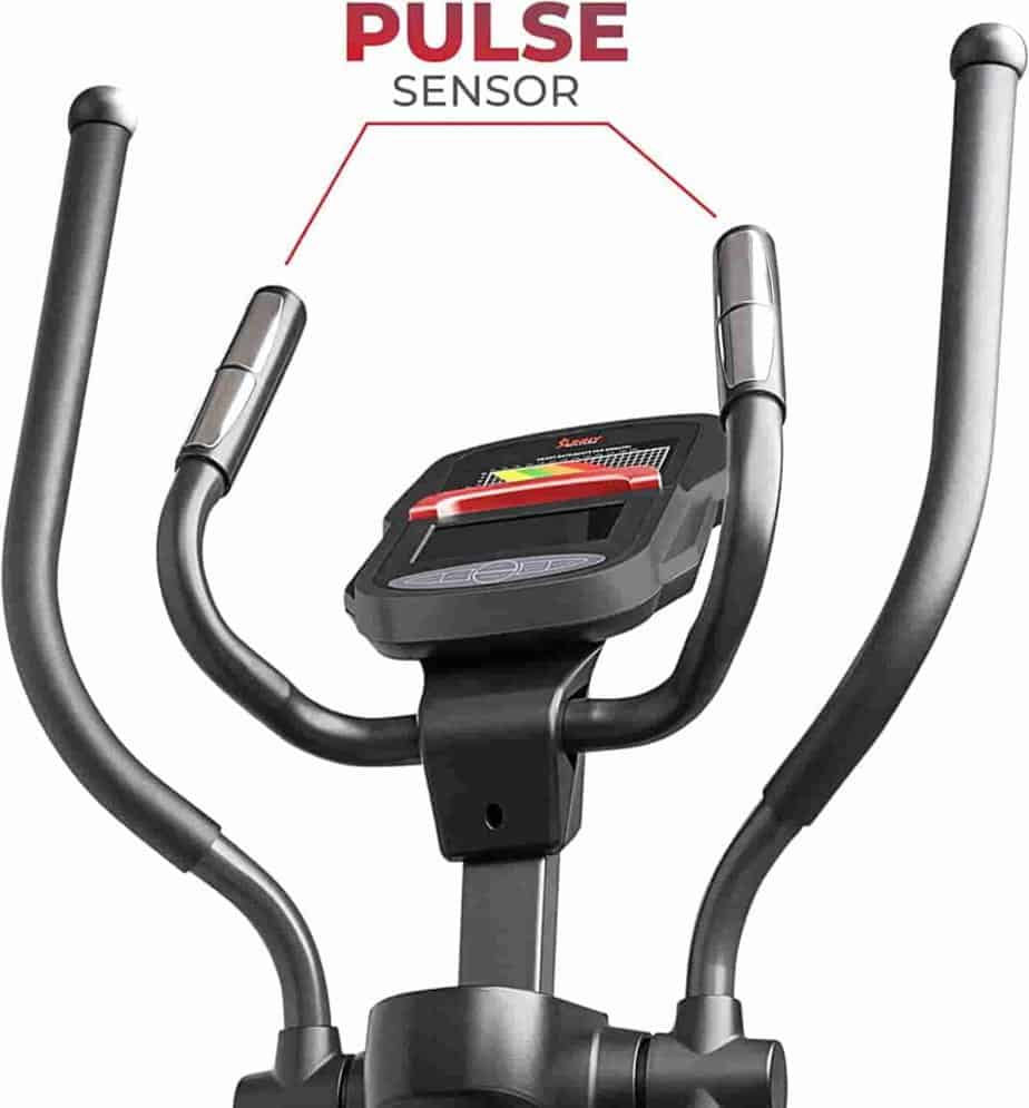 The handlebars of the Sunny Health & Fitness SF-E3912SMART Elliptical Trainer 