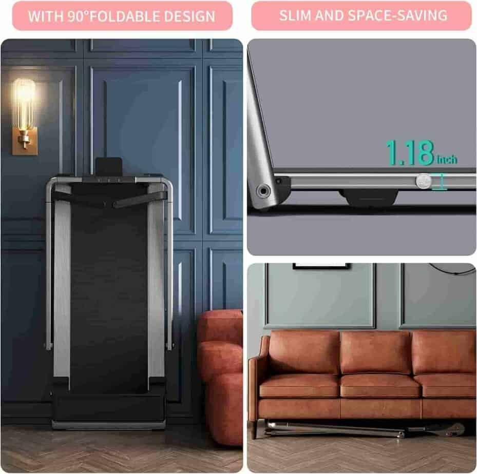 The RHYTHM FUN AIR02 Folding Treadmill is stored under a couch and also propped up against the wall