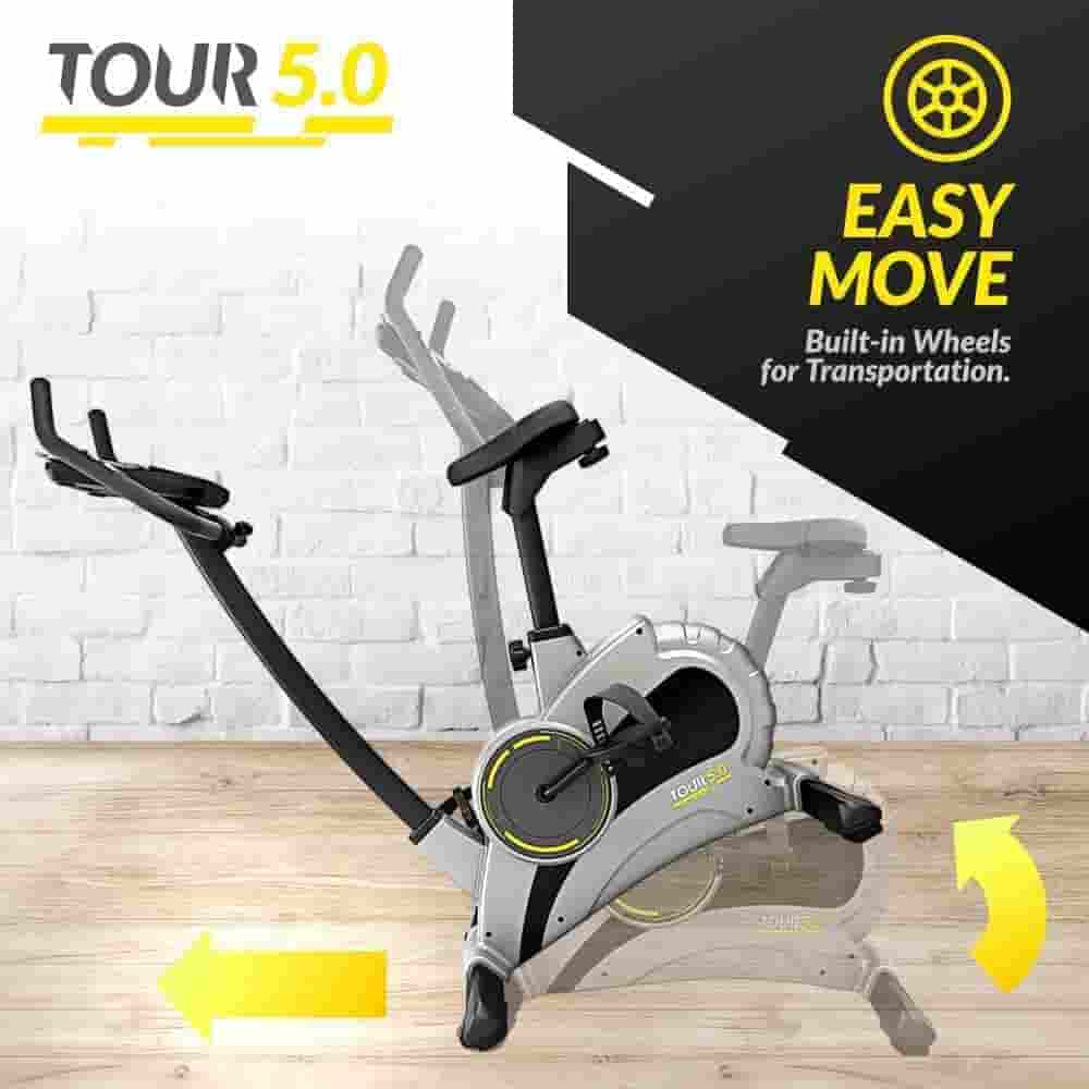 Transport wheels of the Bluefin Fitness TOUR 5.0 Upright Exercise Bike for relocation process