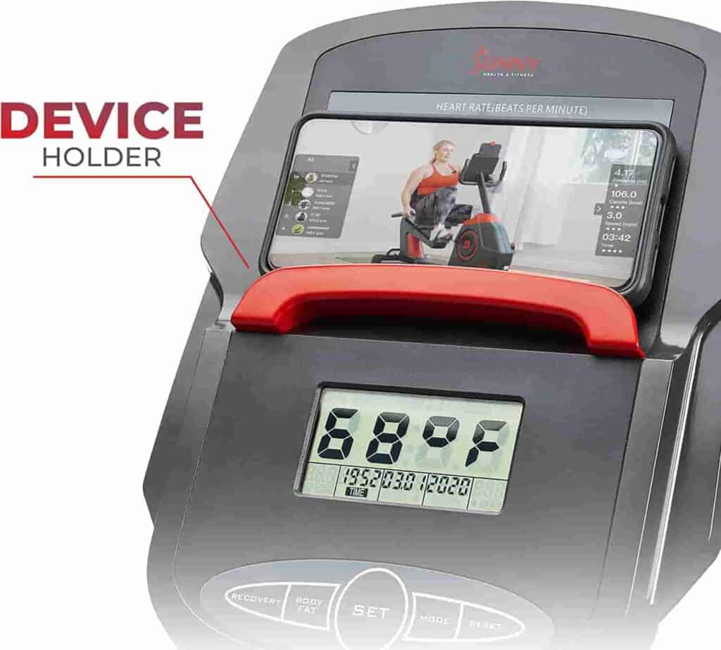 The console of the Sunny Health & Fitness SF-RB420046 Elite Interactive Recumbent Bike