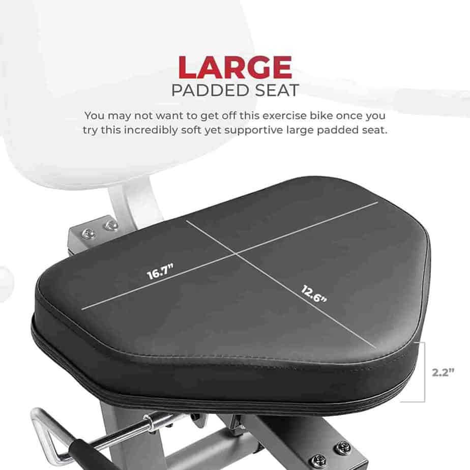 The seat of the Sunny Health & Fitness Interactive SF-RB420031 Recumbent Bike