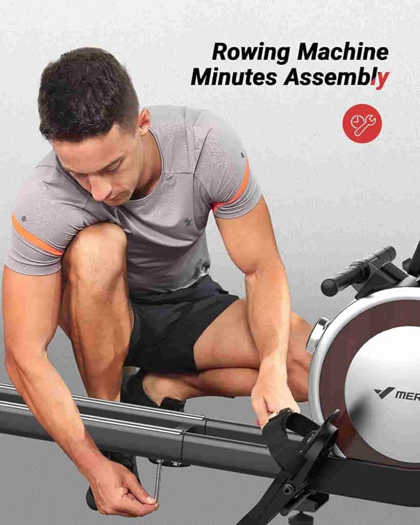 A user assembles the Merach Q1 Magnetic Rowing Machine