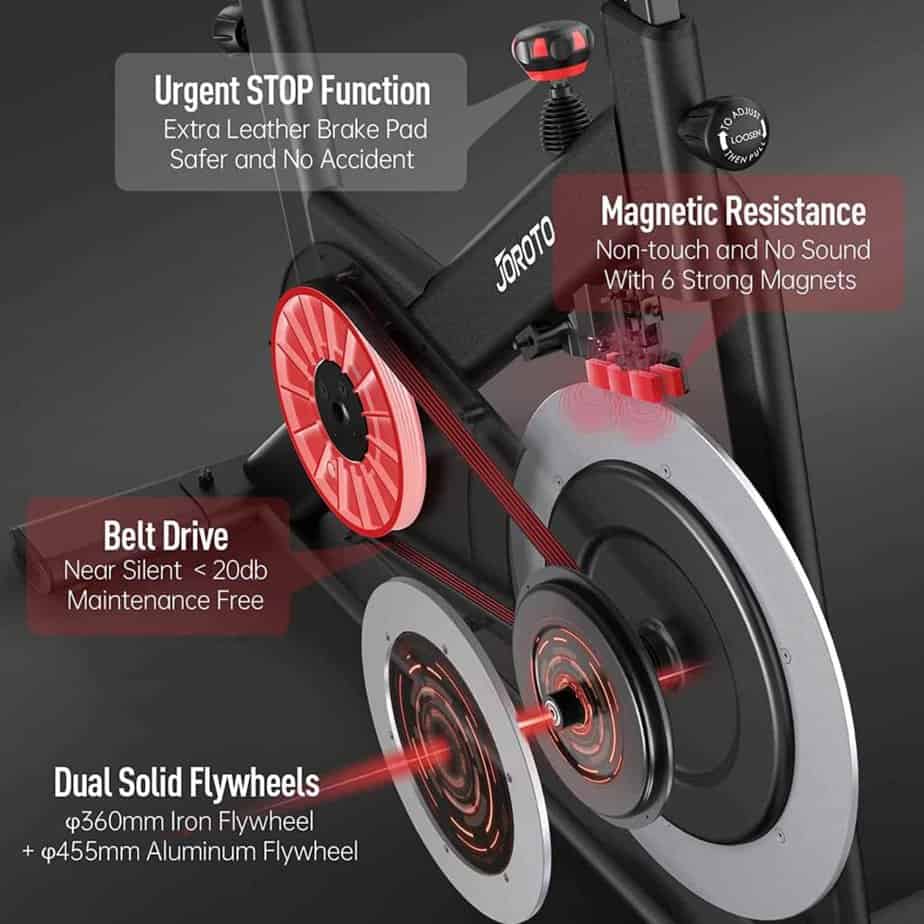 The belt drive system of the Joroto X4S Bluetooth Exercise Bike