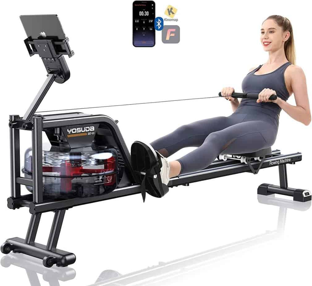 A lady exercises with the YOSUDA 207-01 Water Rowing Machine