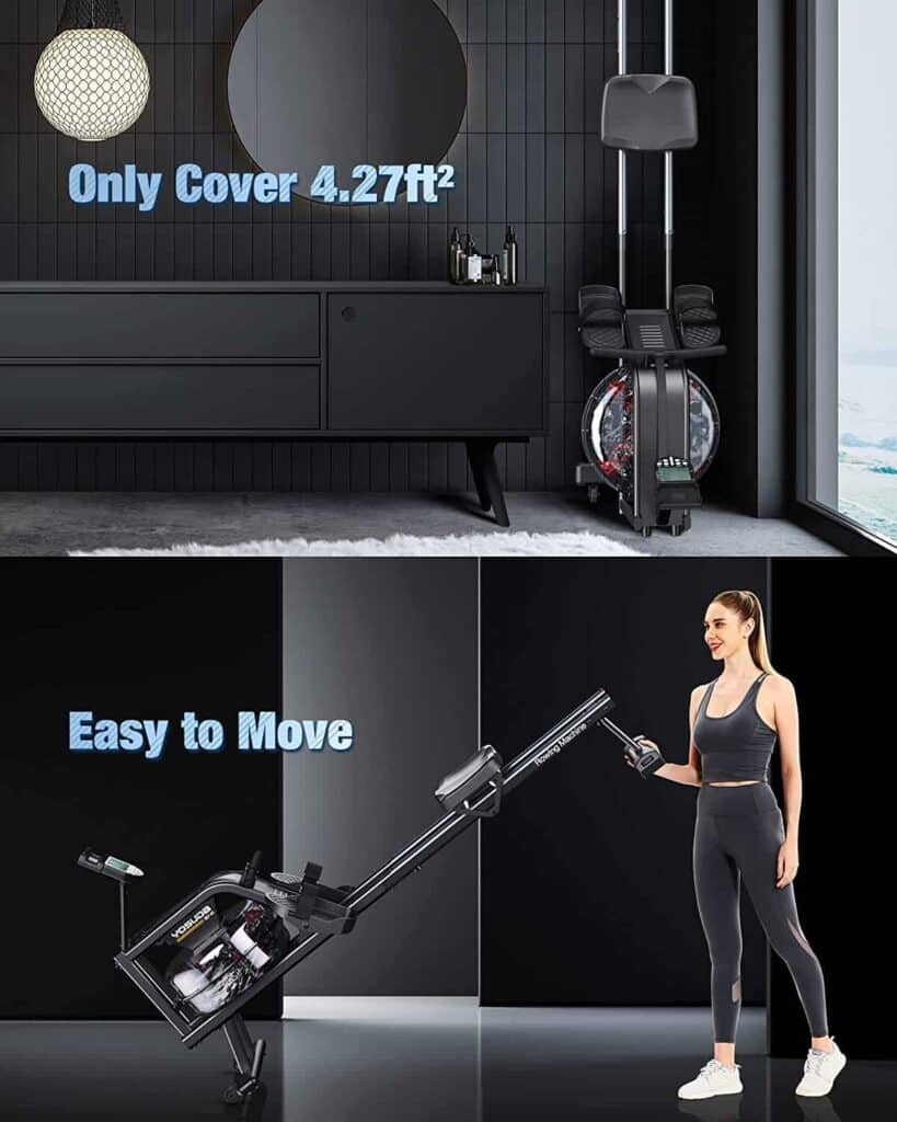 The YOSUDA 207-01 Water Rowing Machine is moved and stored in the corner of the room