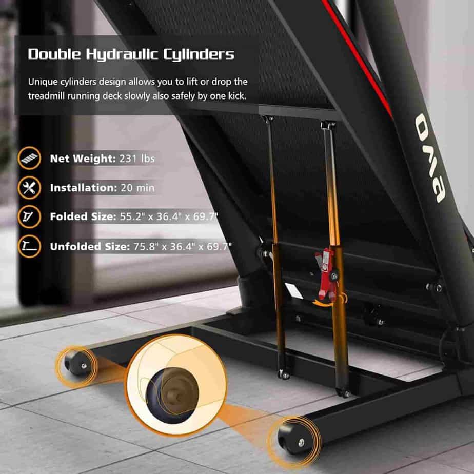 The OMA 6134EAI Folding Treadmill is folded to be moved to storage area 