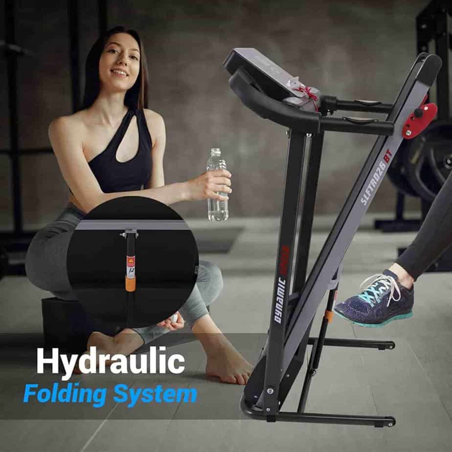 The folded SereneLife SLFTRD26BT Folding Treadmill