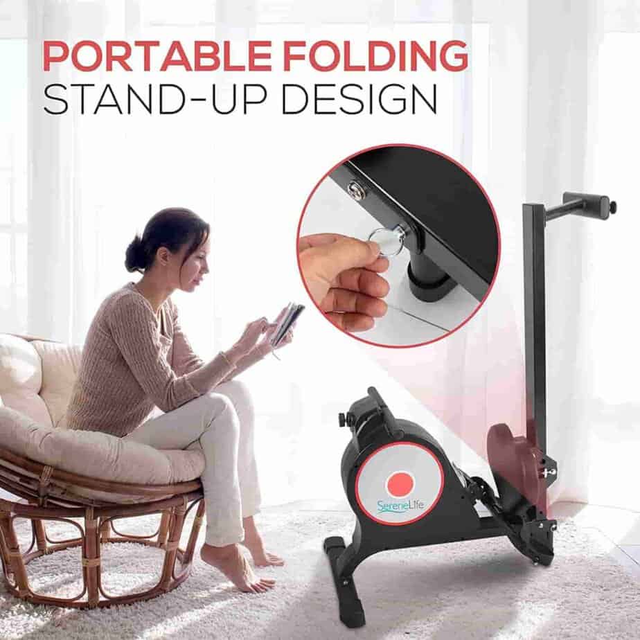 The folded SereneLife SLRWMC10 Magnetic Rowing Machine