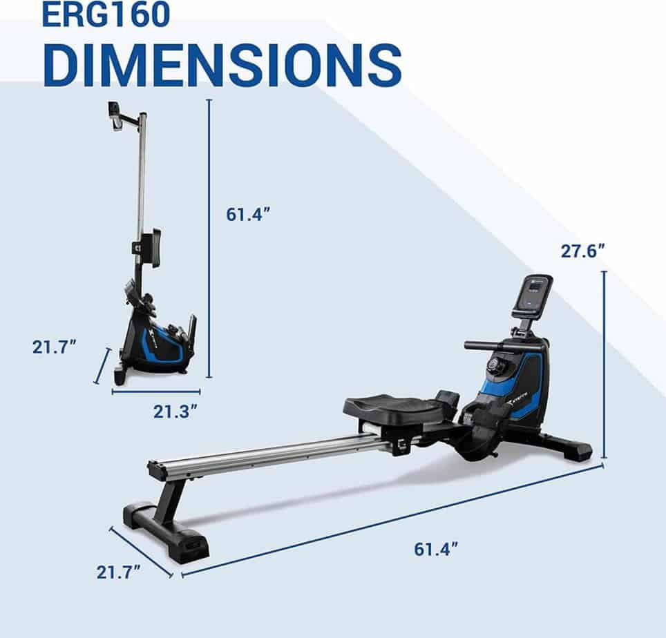 The XTERRA Fitness ERG160 Rower is in a vertical storage position.