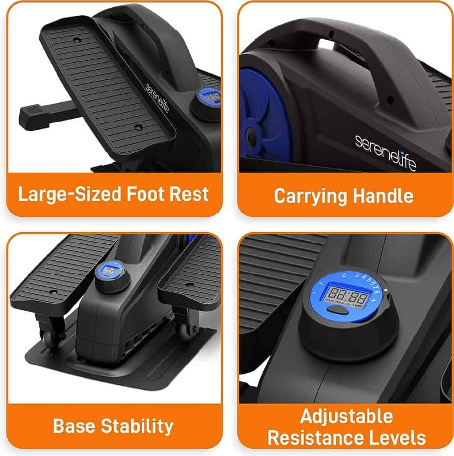 Images of SereneLife SLEPL9 Under-Desk Elliptical Trainer's large foot rest, carrying handle, base stabilizer and adjustable resistance control knob