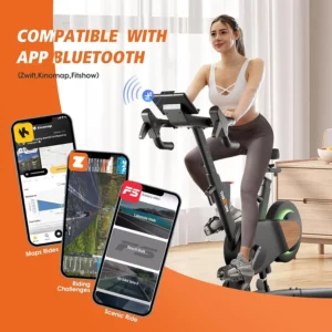 A lady rides the THERUN MTB108 Magnetic Exercise Bike