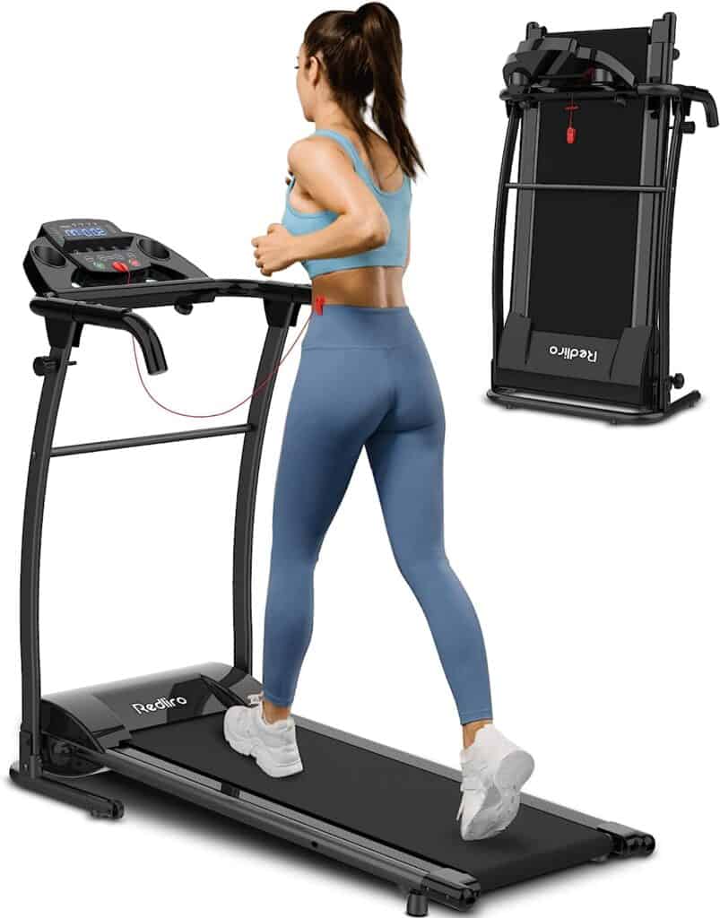 A woman exercises on the Redliro ‎JK105 Folding Treadmill