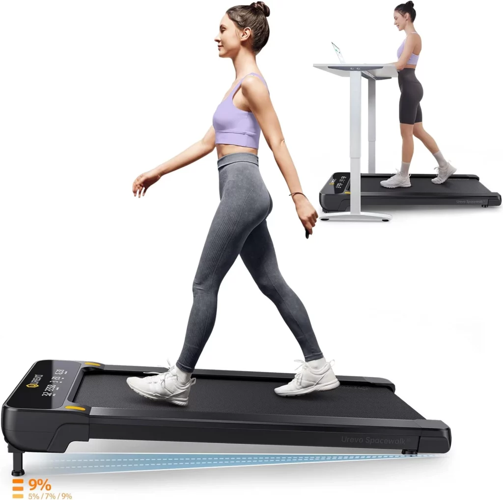 A lady walks on the UREVO URTM020 Incline Under-Desk Treadmill