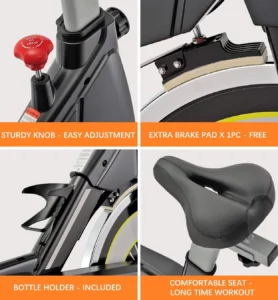 The seat, the resistance, and the water bottle holder of the Sovnia Indoor Cycling Exercise Bike