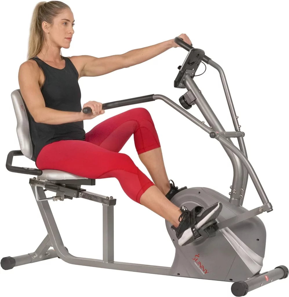 Lady exercises on the Sunny Health & Fitness SF-RB4936 Cross Trainer Recumbent Bike