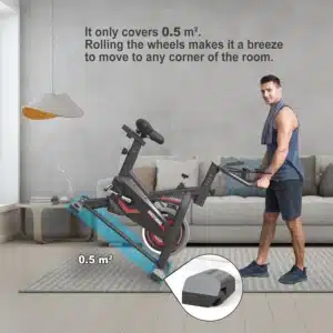 A user moves the GOFLYSHINE Indoor Cycling Exercise Bikes to storage
