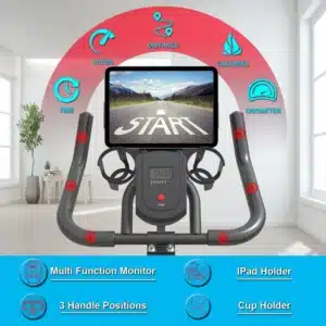 The console and the handlebar of the GOFLYSHINE Indoor Cycling Exercise Bike