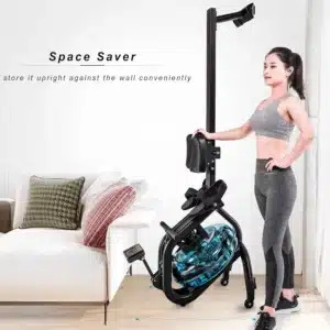 A lady poses beside an uprigth positioned Lifeand M220 Water Rowing Machine