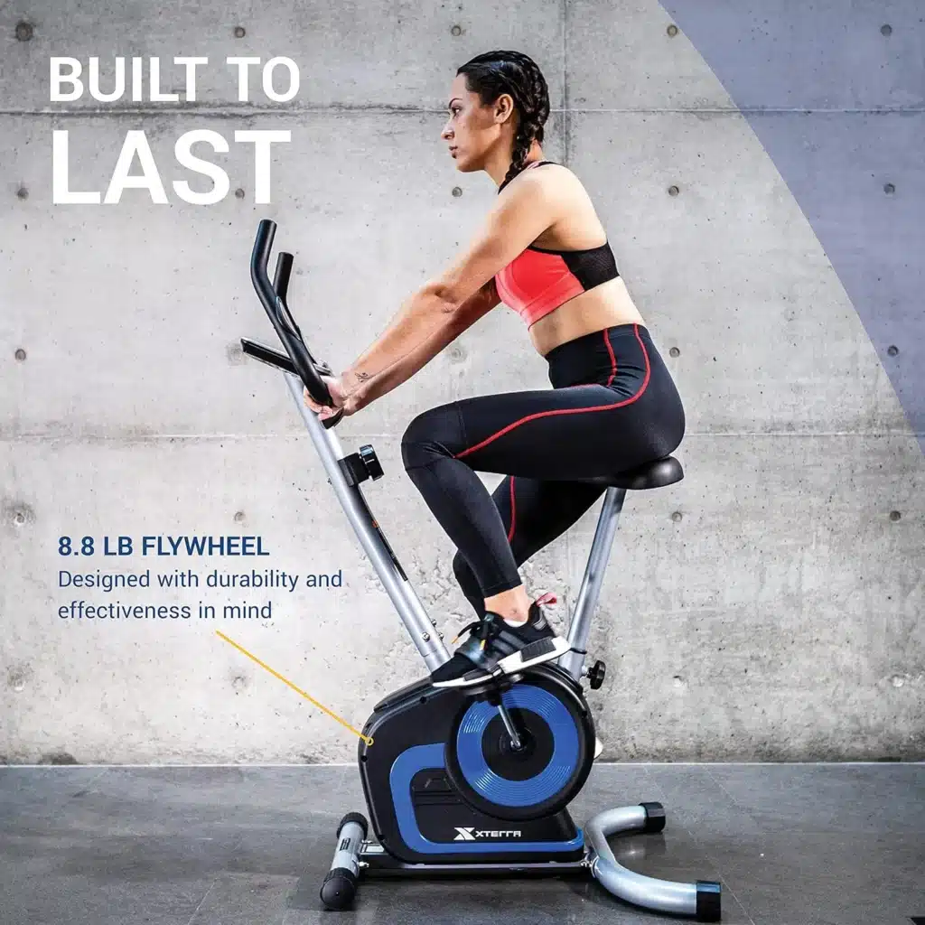 A lady exercises on the XTERRA Fitness UB120 Upright Bike