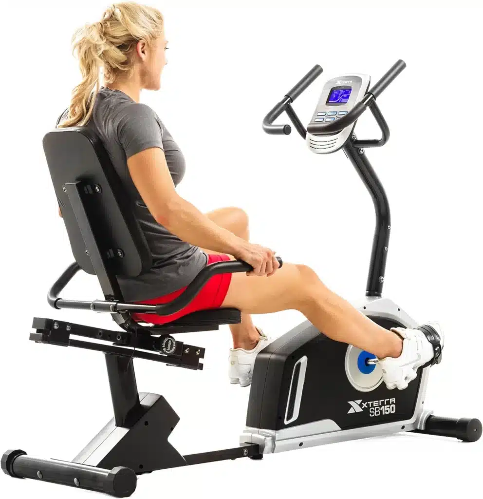 A lady exercises on the XTERRA Fitness SB150 Recumbent Bike