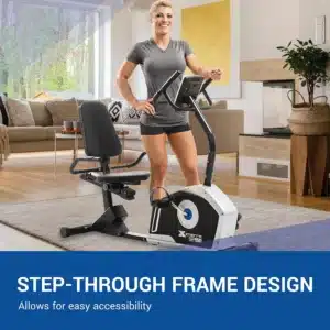 A lady athlete stands by the XTERRA Fitness SB150 Recumbent Bike