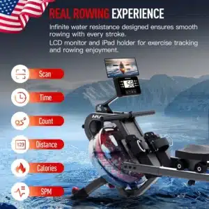 The console and the tablet holder of the HARISON HR-W8 Water Rowing Machine