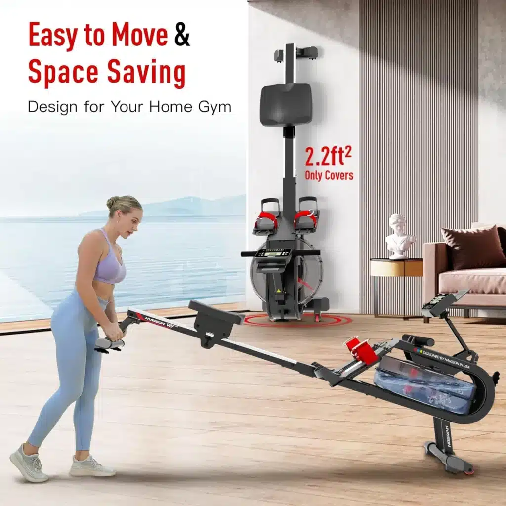 A woman rolls the HARISON HR-W7 Water Rowing Machine to a storage area