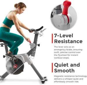 A lady adjusts the resistance level of the Sunny Health & Fitness SF-B122061 Cycling Bike while exercising on it