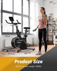A lady stands by the MERACH MR-667 Indoor Cycling Bike exercising with dumbbells