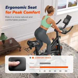 A lady exercises on the MERACH S36 Indoor Cycling Bike